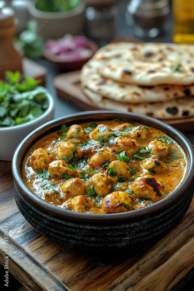 A delicious butter chicken served on a table inside an Indian restaurant. A delicious butter chicken served on a table inside an Indian restaurant.