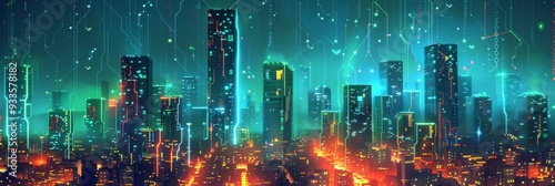 Futuristic Smart Cyber City illustration: Innovative Urban Landscape, futuristic technology and cyber punk concept, Graphic Resources, Wallpapers, Brochure, Websites, banner, Advertising, background