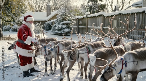 Santa Claus preparing his reindeer for flight in a snowy yard, pre-flight Christmas, anticipatory festive scene photo