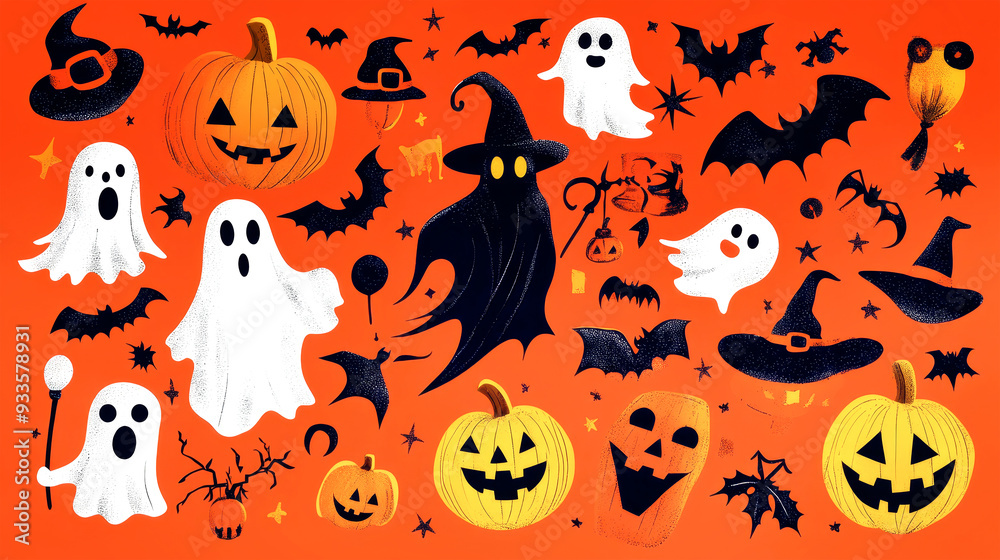 Bright Halloween symbols come to life in this colorful illustration, showcasing pumpkins, ghosts, and witches in a festive, spooky atmosphere Bright Halloween symbols come to life in this colorful illustration, showcasing pumpkins, ghosts, and witches in a festive, spooky atmosphere