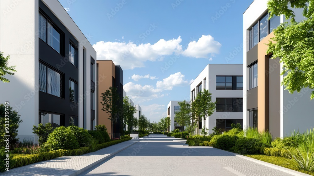 Office park under development, modern office buildings surrounded by landscaping, 3D illustration Office park under development, modern office buildings surrounded by landscaping, 3D illustration