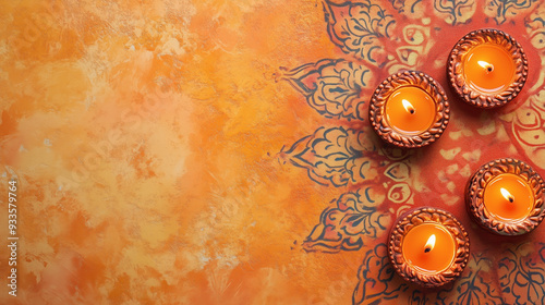 Glowing diwali diyas with patterns. Happy Diwali. Hindu festival of lights celebration. Colorful traditional oil lamp diya on orange background with copy space, space for text.