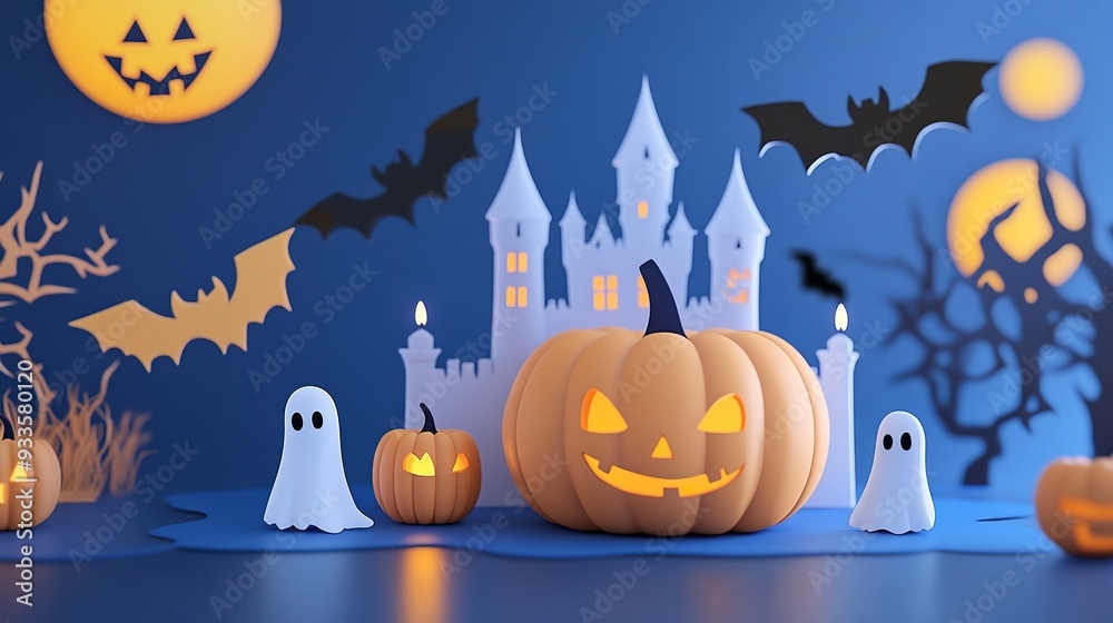 Fototapeta premium 3D illustration of Halloween . pumpkin, ghost, candle, bat and castle silhouette background.generative ai