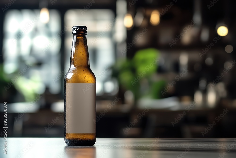 A single brown glass beer bottle with a blank white label sits on a wooden table in a dimly lit bar. A single brown glass beer bottle with a blank white label sits on a wooden table in a dimly lit bar.