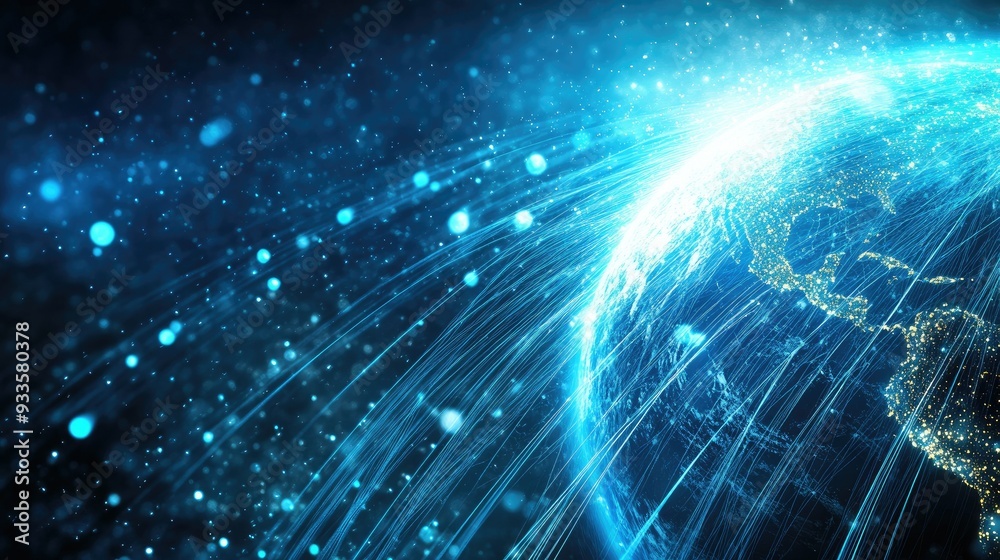 A tech-inspired Earth globe with fiber optics streaming across, symbolizing the digital age and global networks, with copy space for text. A tech-inspired Earth globe with fiber optics streaming across, symbolizing the digital age and global networks, with copy space for text.