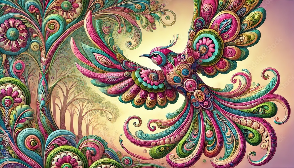 An intricate and colorful image of a bird in flight with ornate, psychedelic patterns on its wings and body An intricate and colorful image of a bird in flight with ornate, psychedelic patterns on its wings and body