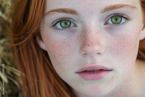 freckled teen girl with red hair and green eyes photo