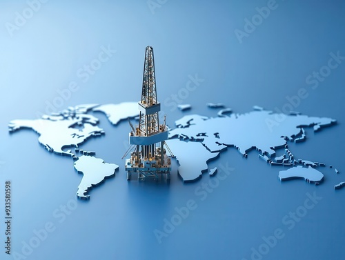 A 3D rendering of an oil rig placed on a global map, symbolizing the energy industry's impact on the world.