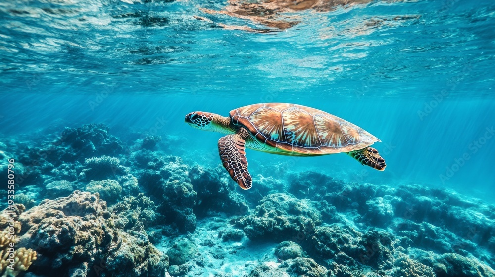 Fototapeta premium Sea Turtle Swimming Through Coral Reef