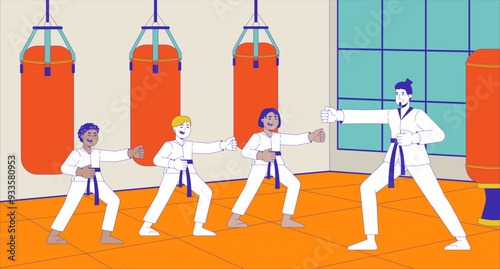 Karate sensei training kids cartoon flat illustration. Teacher kimono children practicing punches 2D characters colorful background. Combat sport. Martial arts class scene vector storytelling image