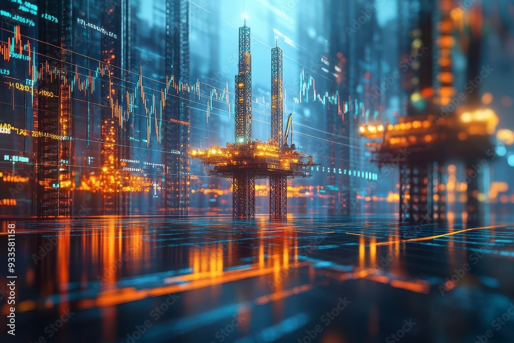Fototapeta premium Futuristic cityscape with glowing buildings and digital graphs, illustrating innovation and technology in urban development.