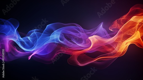  Abstract, colorful smoke on a dark background, with a color gradient of red, orange, and blue hues. 