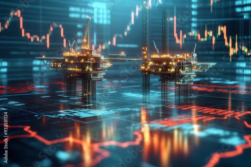 A futuristic digital representation of oil rigs with glowing graphs, symbolizing the intersection of technology and energy.