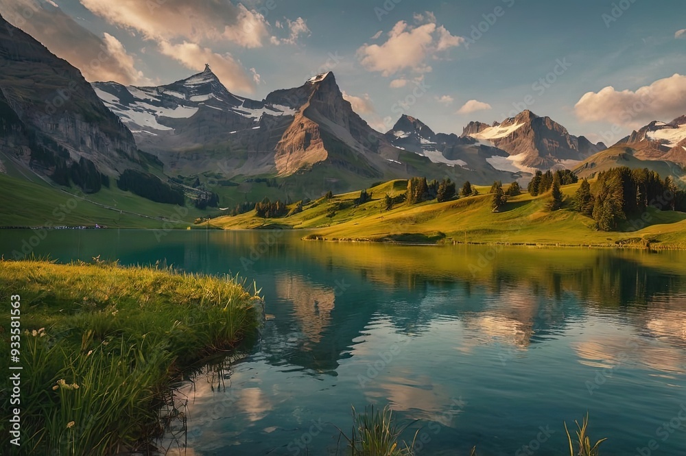 Fototapeta premium A tranquil evening view of bachalpsee lake surrounded by the lush greenery with the swiss alps in the background, bathed in the warm light of the setting sun.