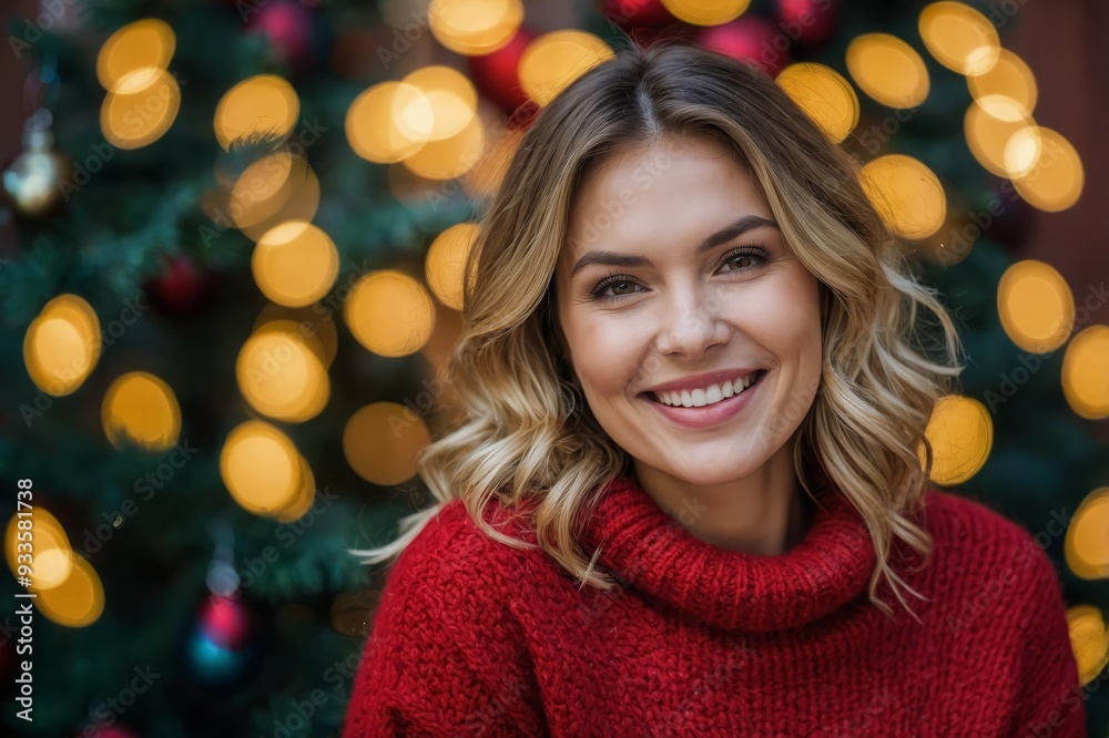 holidays, celebration and people concept - smiling woman in red sweater over christmas tree background holidays, celebration and people concept - smiling woman in red sweater over christmas tree background