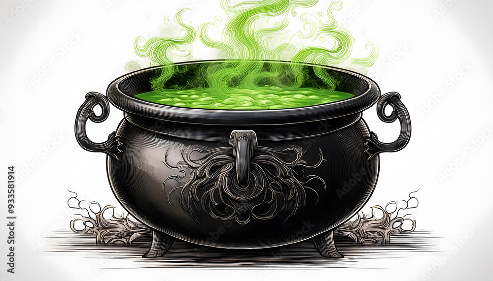 A witch's cauldron bubbling with a green potion, with tendrils of mist rising up A witch's cauldron bubbling with a green potion, with tendrils of mist rising up