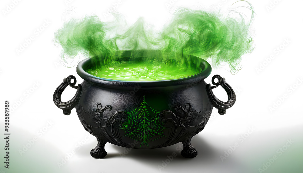 A witch's cauldron bubbling with a green potion, with tendrils of mist rising up A witch's cauldron bubbling with a green potion, with tendrils of mist rising up