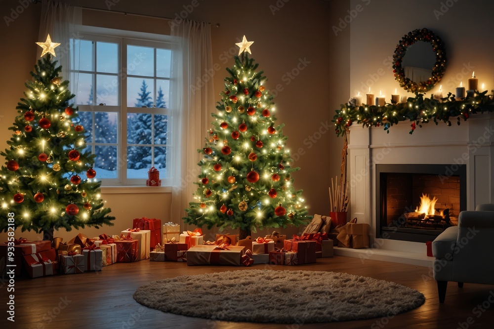  interior christmas. magic glowing tree, fireplace, gifts
