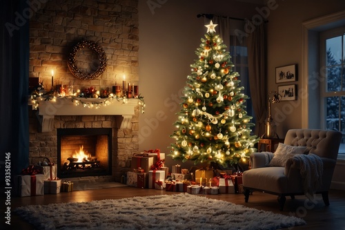  interior christmas. magic glowing tree, fireplace, gifts