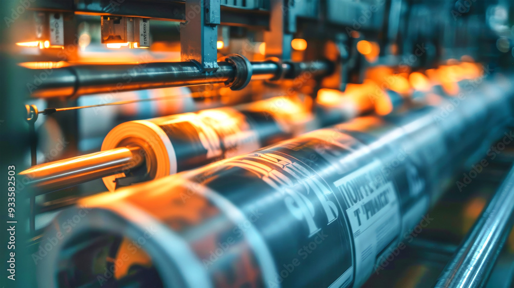 Evening light enhances the energy of a bustling printing press as rolls of paper glide through the production line, showcasing the advertising printing process Evening light enhances the energy of a bustling printing press as rolls of paper glide through the production line, showcasing the advertising printing process