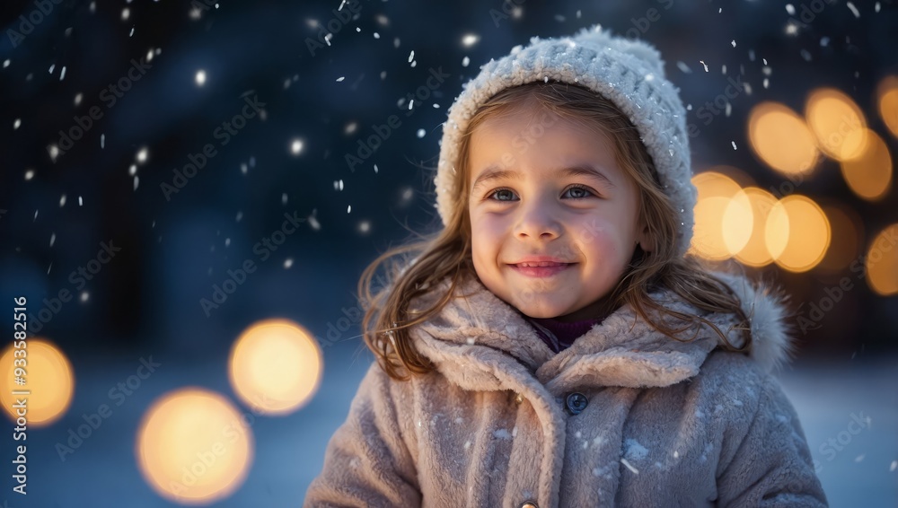 Little girl with christmas lights enjoying the holidays outdoors in snowfall. Happy cute child girl playing with Chistmas festive magic lights Little girl with christmas lights enjoying the holidays outdoors in snowfall. Happy cute child girl playing with Chistmas festive magic lights