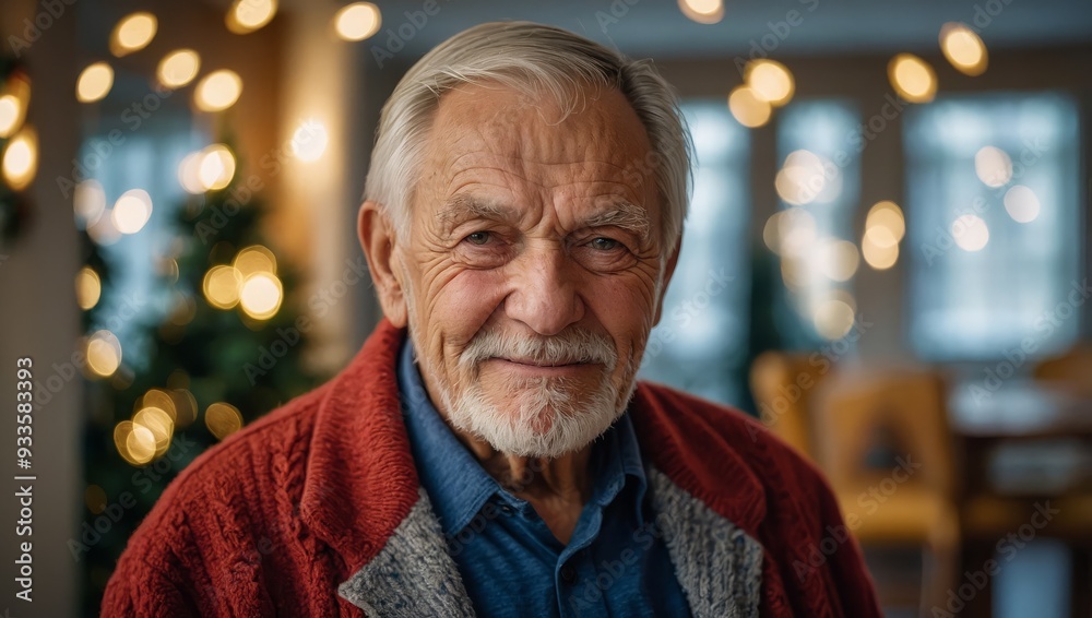 Portrait of a senior caucasian man in a nursing home decorated for Christmas and the new year holidays Portrait of a senior caucasian man in a nursing home decorated for Christmas and the new year holidays