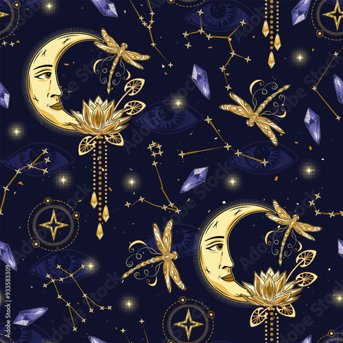 Mystic pattern with moon, zodiacal constellations, flying dragonfly, magic crystals. All seeing eye on dark blue background. Astrology, alchemy, boho, magic, mystery concept.