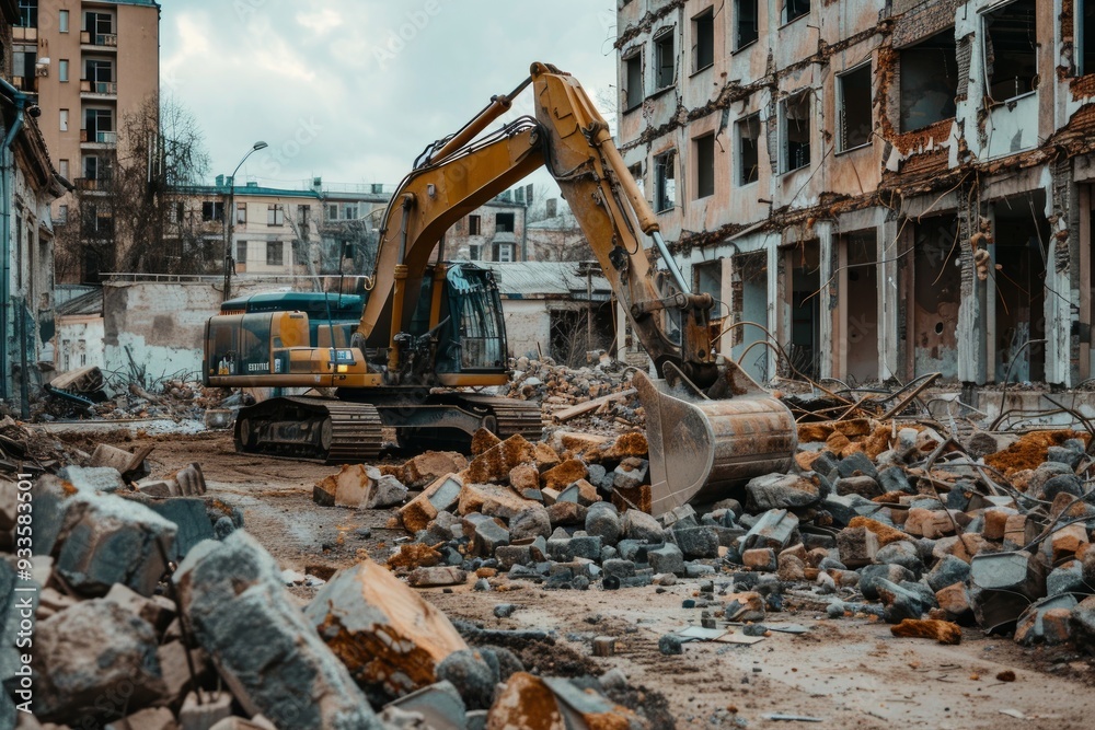 Fototapeta premium An excavator demolishes an old building at a construction site, clearing debris for new development.