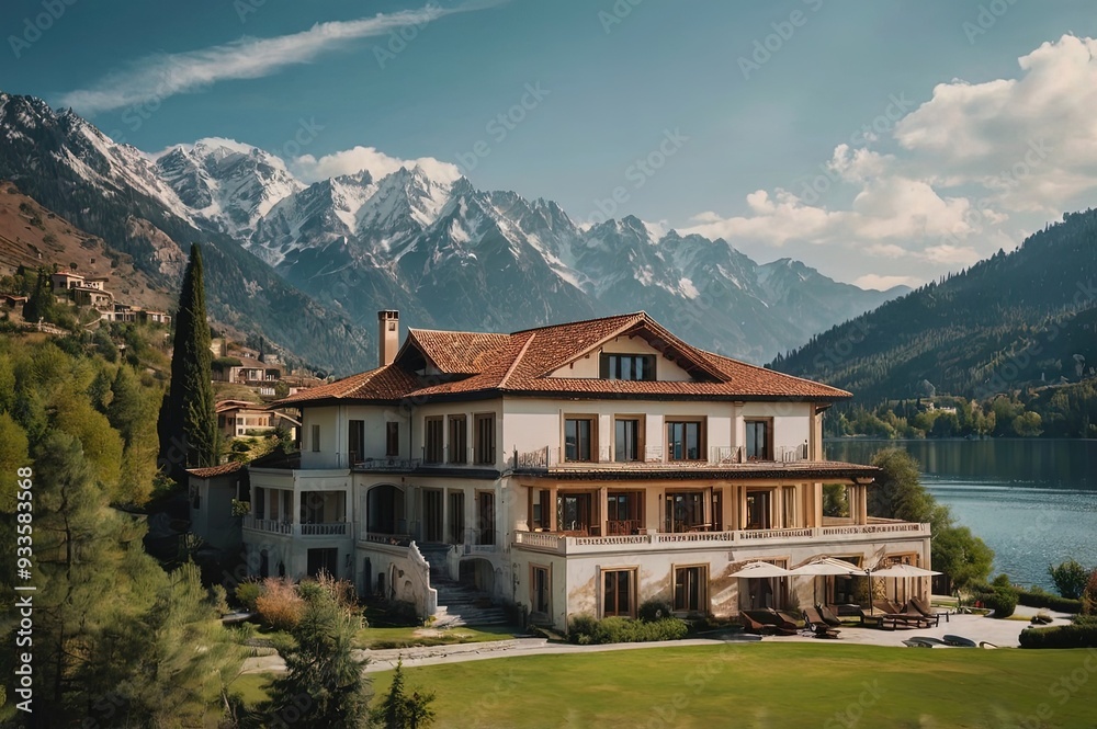 Fototapeta premium beautiful view of the villa by the lake with mountains