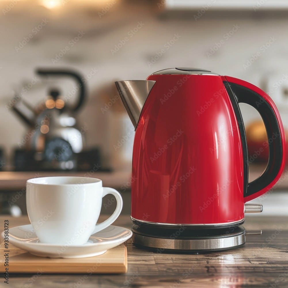 Red electric kettle with a white cup in the kitchen at home Red electric kettle with a white cup in the kitchen at home
