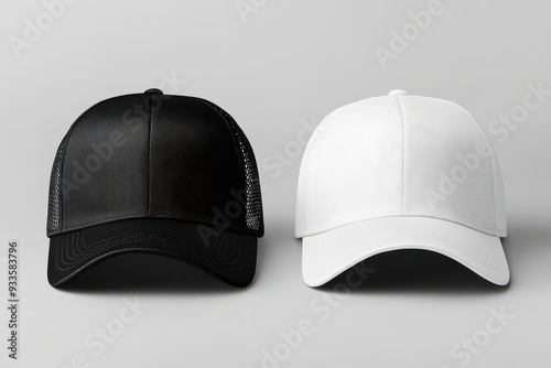 Black and white mesh trucker caps on a gray background.