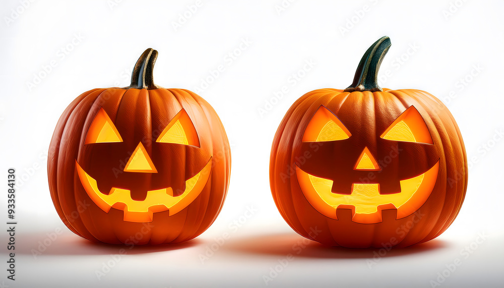 A pair of glowing jack-o'-lanterns with different facial expressions, placed side