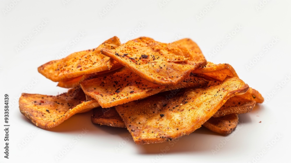 A plate of crispy baked chips on a clean white background A plate of crispy baked chips on a clean white background