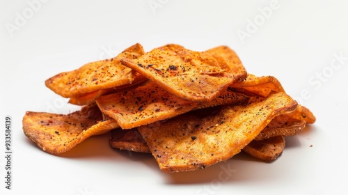 A plate of crispy baked chips on a clean white background