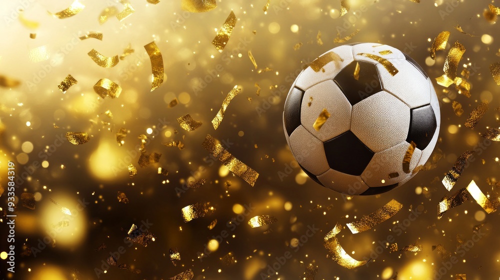 Naklejka premium Soccer Ball Celebrated with Golden Confetti