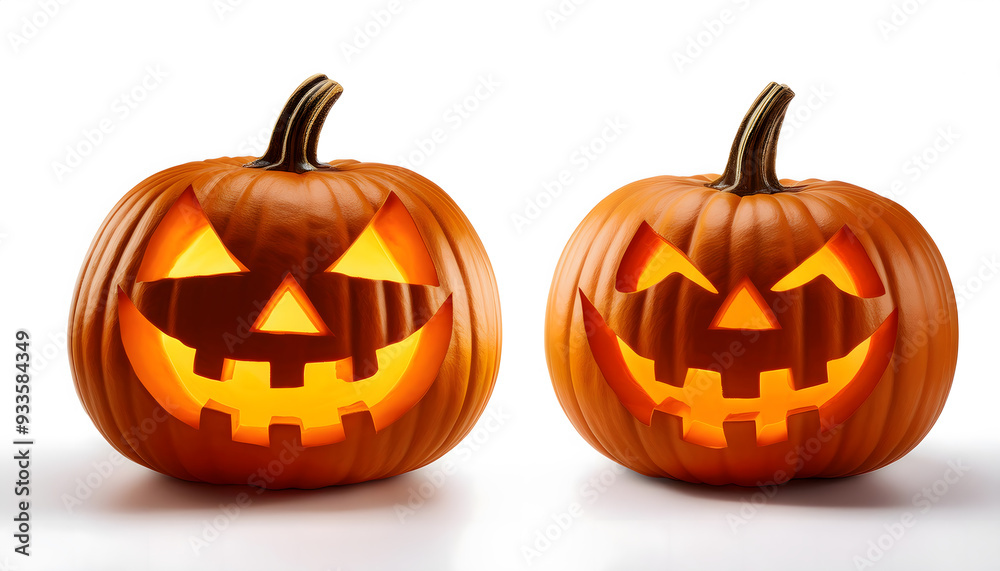 A pair of glowing jack-o'-lanterns with different facial expressions, placed side A pair of glowing jack-o'-lanterns with different facial expressions, placed side