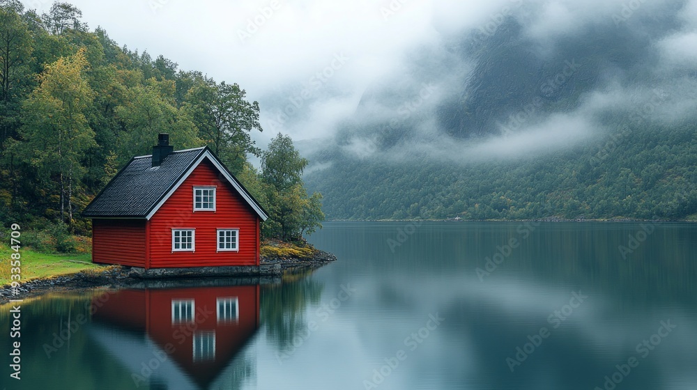 Obraz premium Red Cabin by the Misty Fjord
