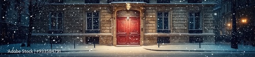 Parisian Street with Red Art Nouveau Door on a Snowy Winter Night photo