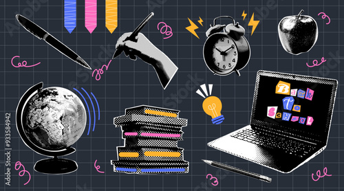 Back to school set. School collage elements in retro halftone style. Trending collage style. Concept for school, college, university and study. Laptop, alarm clock, pen, pencil, books, apple