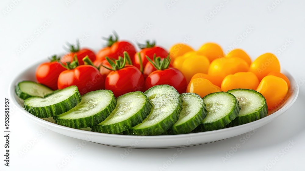 A visually simple and clean image of a vegetable platter with crisp cucumber slices, vibrant cherry tomatoes, and colorful bell peppers, on a white background. A visually simple and clean image of a vegetable platter with crisp cucumber slices, vibrant cherry tomatoes, and colorful bell peppers, on a white background.