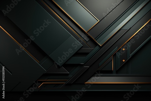 Abstract dark geometric background with gold accents.