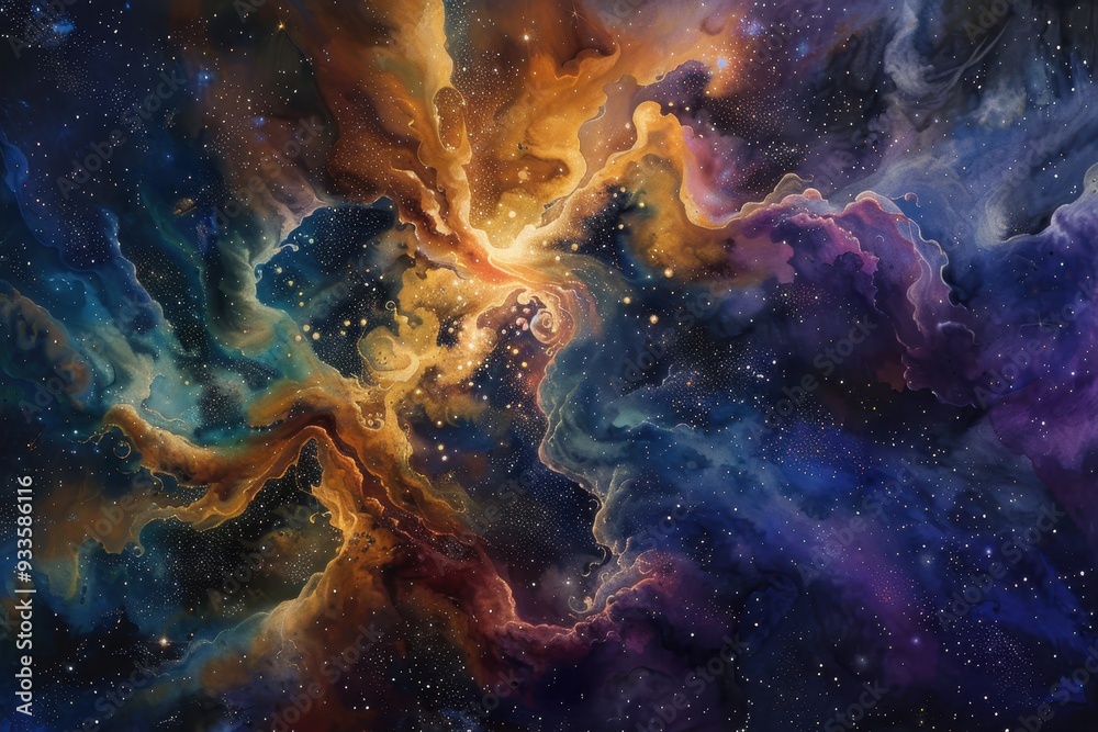 Abstract Watercolor Painting Depicting a Cosmic Nebula with Stars Abstract Watercolor Painting Depicting a Cosmic Nebula with Stars