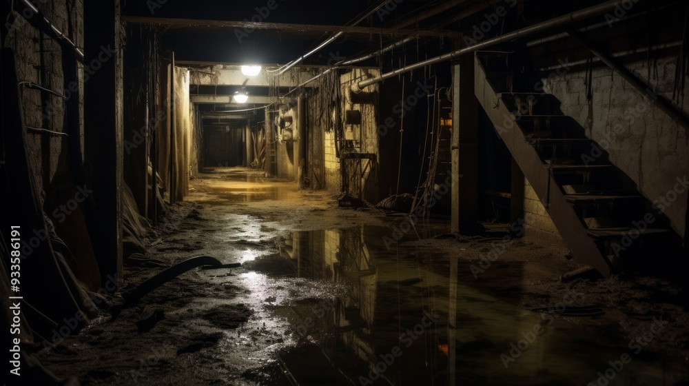 Creepy basement of residential townhouse. Neural network ai generated art Creepy basement of residential townhouse. Neural network ai generated art