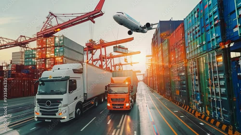 Logistics and transportation of container cargo ships and cargo planes with working crane bridges in shipyards, import export and transportation industries