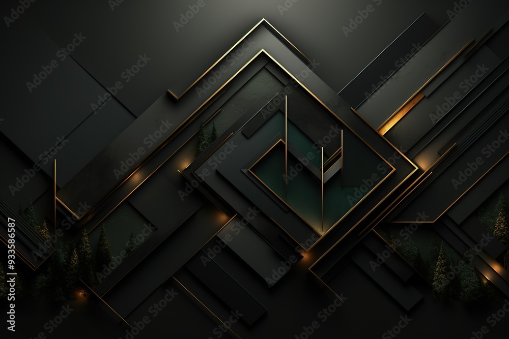 Fototapeta premium Abstract dark geometric background with gold lines and green trees.