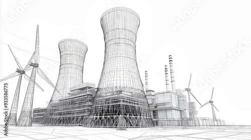 Wireframe rendering showing a nuclear power plant transitioning to green energy with the addition of wind turbines