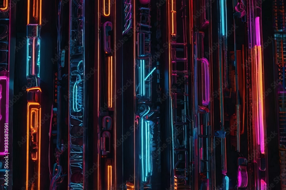 Obraz premium Neon design elements lights glow and flash technology abstract background. 