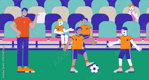 Stadium football coach children practicing cartoon flat illustration. Trainer soccer drills. Kids footballers kicking ball 2D characters colorful background. Sport club scene vector storytelling image