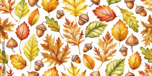 Watercolor autumn leaves and acorns seamless pattern , watercolor, seamless, autumn, leaves, acorns, pattern,botanical