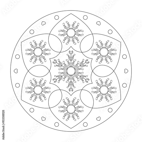 Mandala Coloring Page with hearts. Art Therapy. 